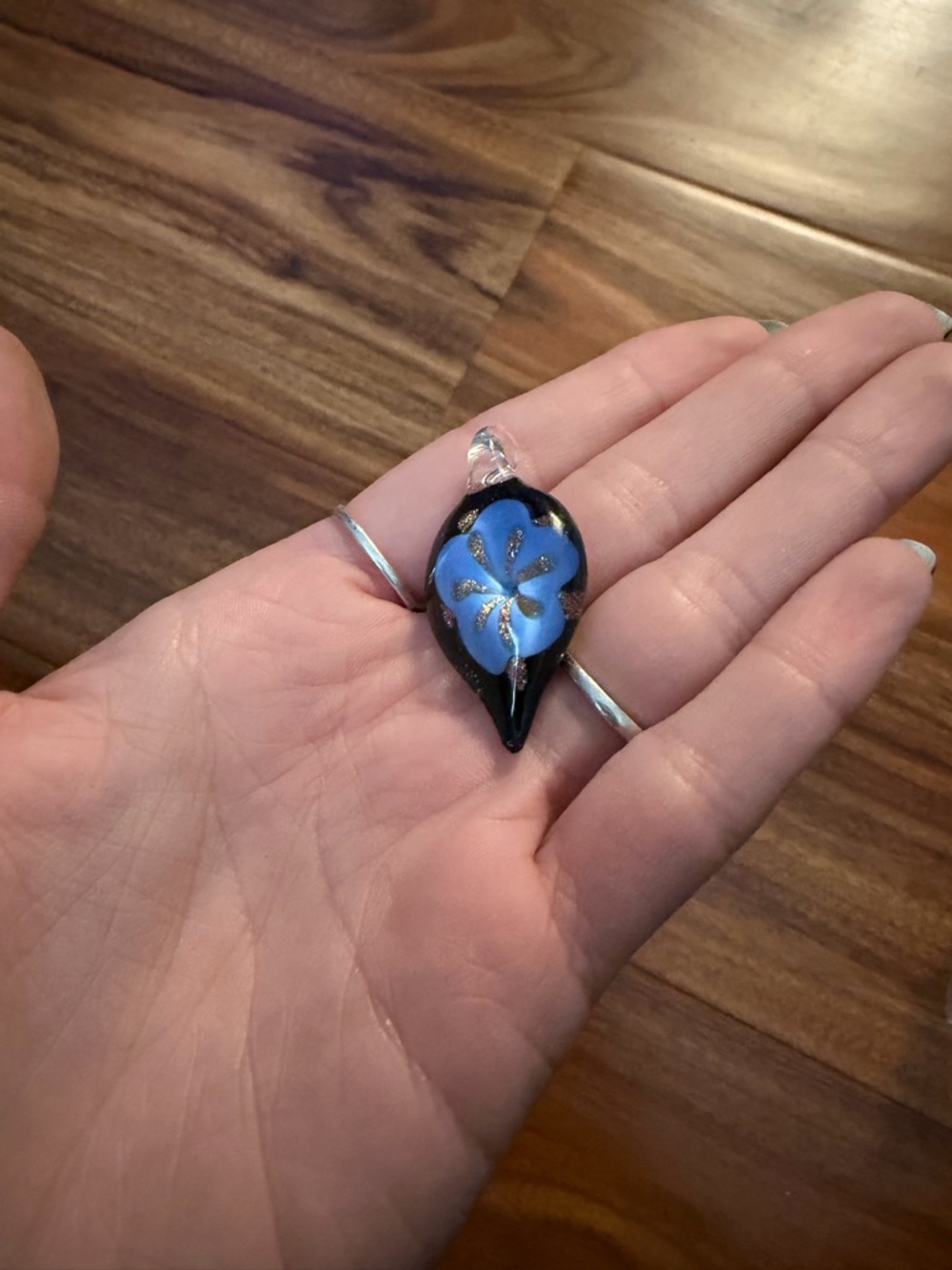 Handmade Blue Floral Glass Pendant Necklace - Women Jewelry